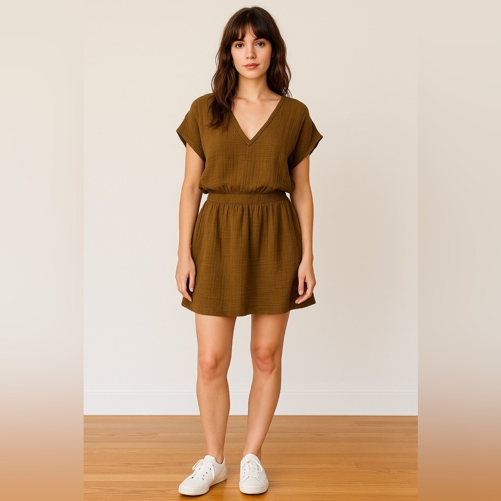 Lou & Grey Triple Cloth Gauze Mini Dress L Brown Coastal Beach Granola Girl